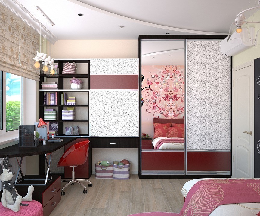 accented pink room with red flares throughout