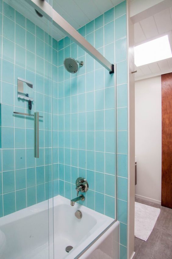 baby sea blue tiled shower