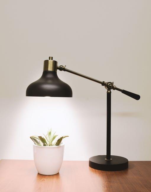 black lamp on desk next a plant