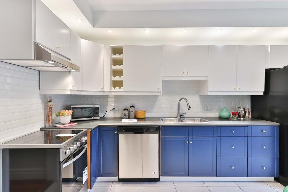 blue white cabinets