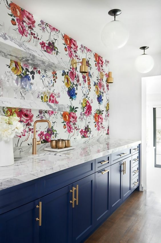 bold accent floral wall in kitchen