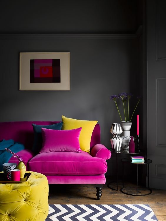 bright purple chair with contrasting designs in the room