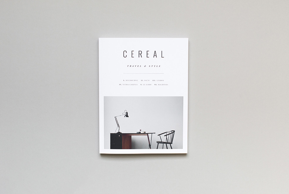 Cereal magazine on front is a picture of a desk with chair and light