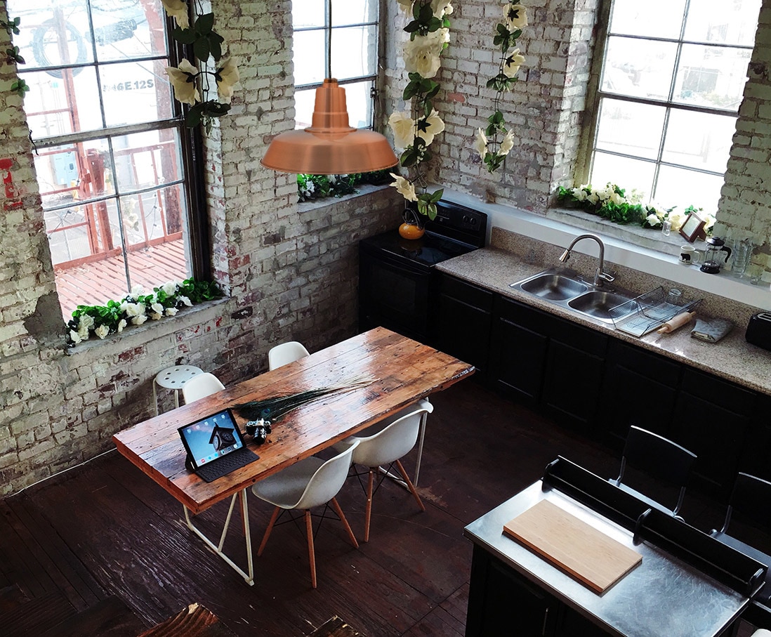 kitchen with copper pendant light