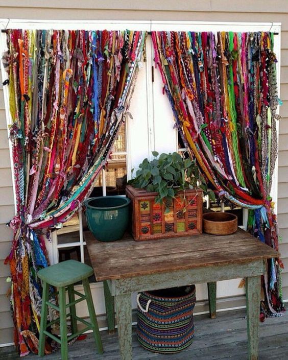 colorful curtains with green chair