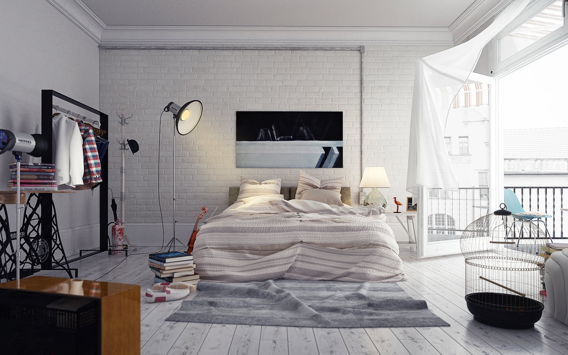 Floor lamp in bedroom with bed