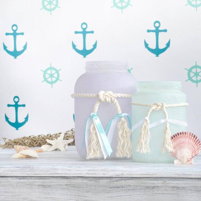 Anchors with sea glass jars