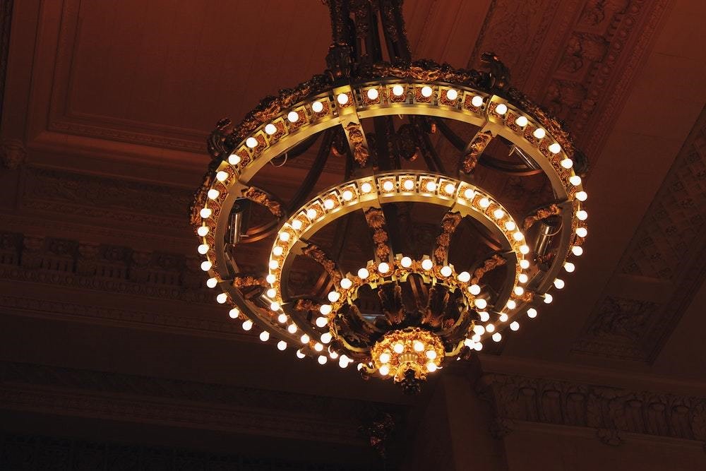 large victorian chandelier, overhead lighting