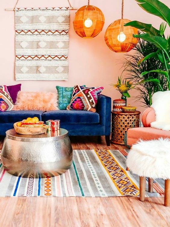 playful bohemian room with different colors and contrasts