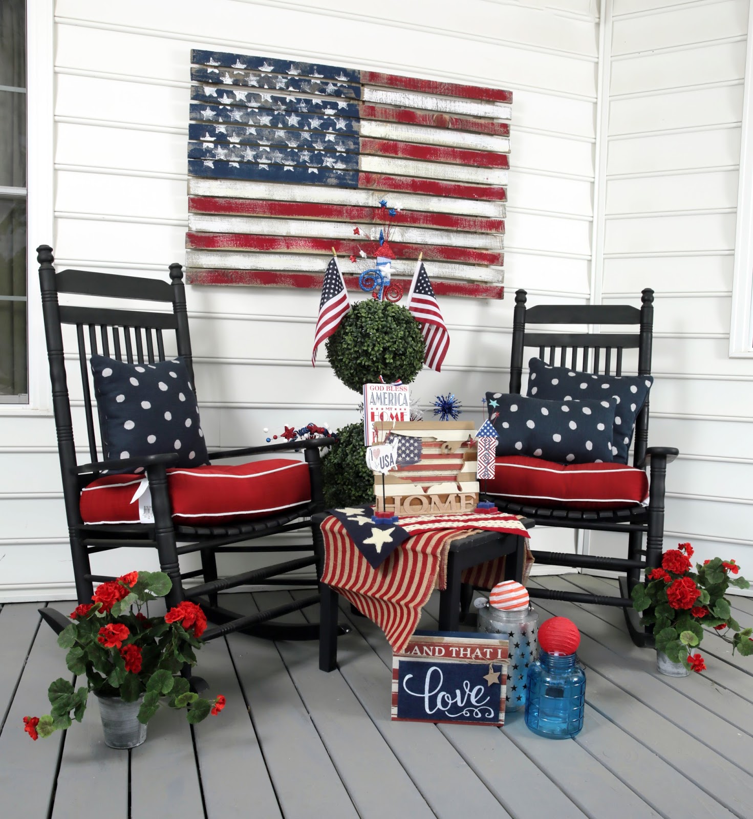 American flag porch with chairs