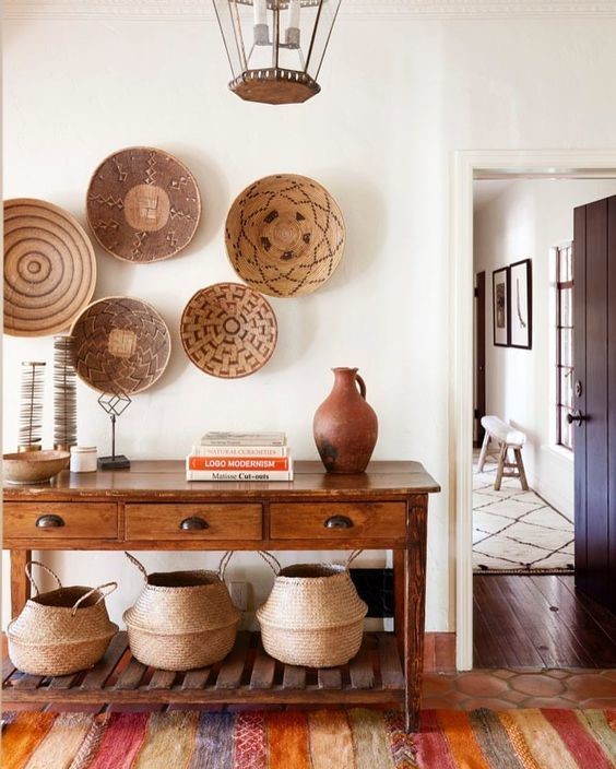pottery wide bowls and woven baskets