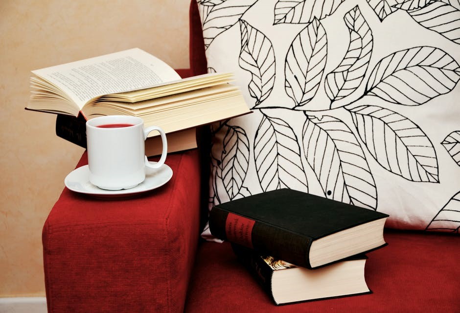 red couch with books to read and tea