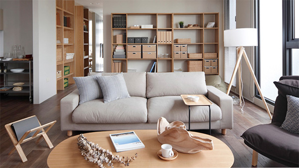 Living room with chairs and storage shelves