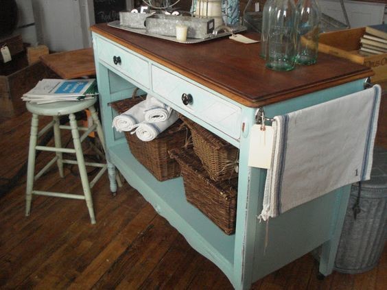 rustic moveable kitchen island in light blue