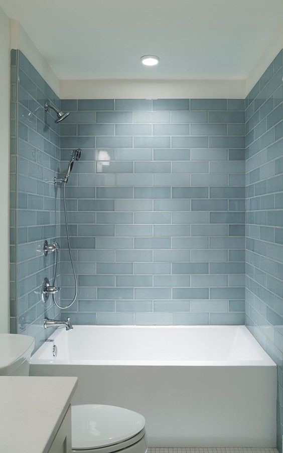 Baths Tiled In Beautiful Sea Glass Blue, Glass Tile Showers