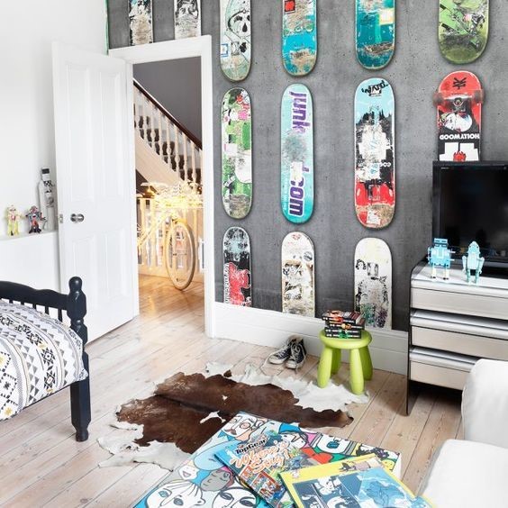 skatepark boys bedroom theme skateboards on the wall