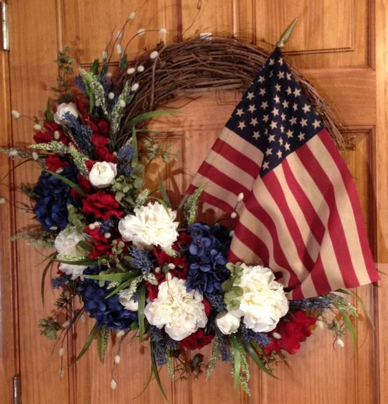 Red white and blue wreath with flag